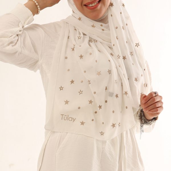 White Stars Embroidered Chiffon Scarf